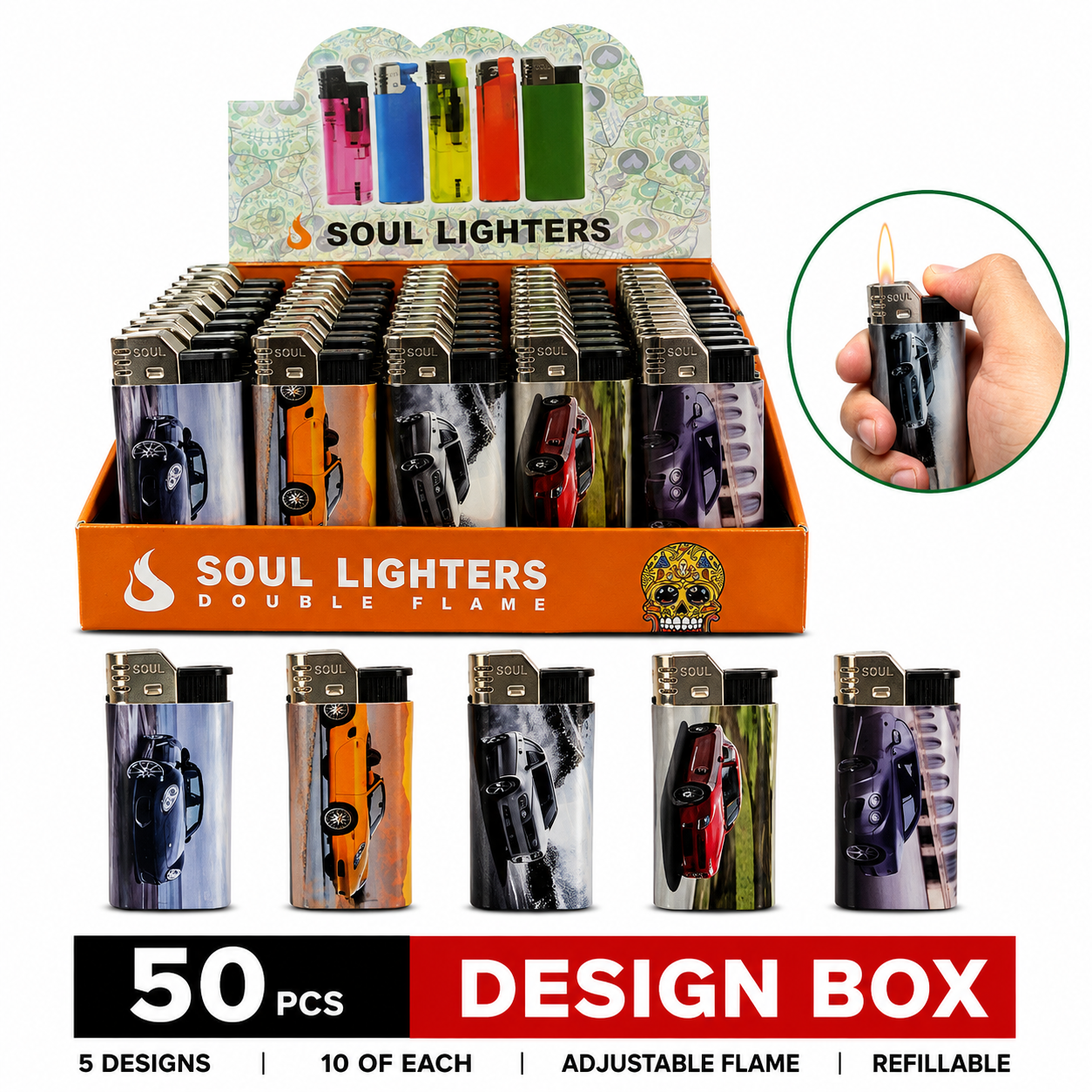 Soul Lighters Car & Automotive Print Pocket Flame Lighter, refillable, Box of 50