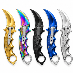Folding Pocket Karambit 8.5" (21.6 cm) Hawkbill Knife, Pack of 5 Assorted Colours (Gold, Rainbow, Black, Blue, Silver), 3.5" 440 Stainless Steel Blade, Finger Ring, with Belt Clip
