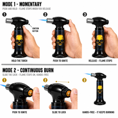 Soul Lighters Golden Flame Skull Cigar Torch Lighter – Black Housing, 1300°C Piezo Flame, Continuous-Burn Lock, Stand-Up (15.5 cm)