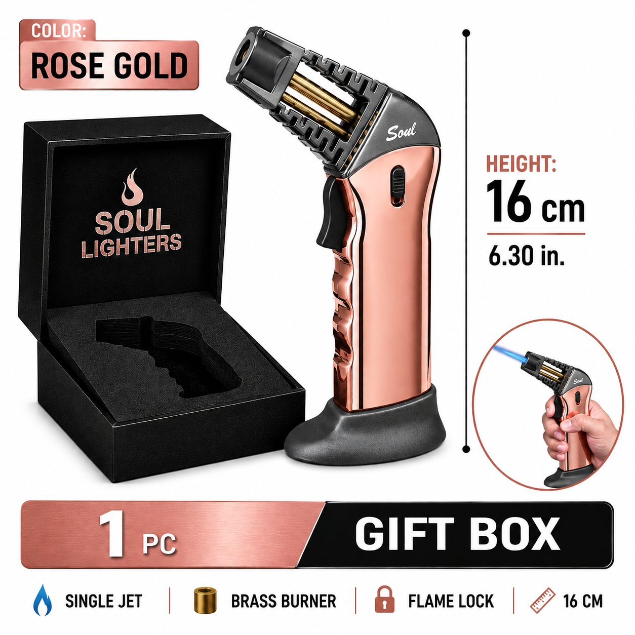 Soul Lighters Caliber pistol-grip butane torch lighter, rose gold, brass burner, 16 cm