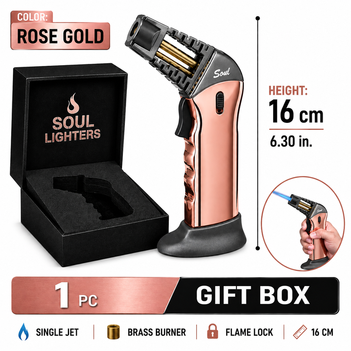 Soul Lighters Caliber pistol-grip butane torch lighter, rose gold, brass burner, 16 cm