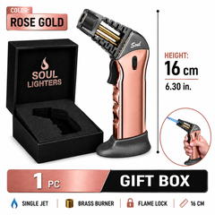 Soul Lighters Caliber pistol-grip butane torch lighter, rose gold, brass burner, 16 cm