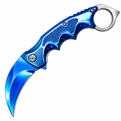 Blue folding karambit knife detail