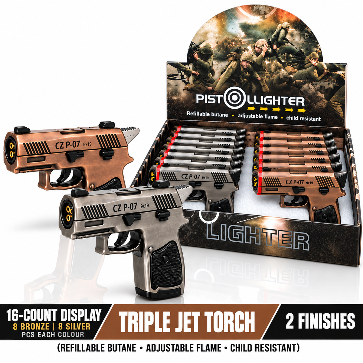 Soul Lighters Sidearm Triple-Jet Pistol Butane Torch Lighter – Antique Gunmetal & Copper, Trigger Ignition, Child-Resistant Lock, 2 Finishes (16-Count Display, 6.5 cm)