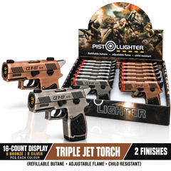 Soul Lighters Sidearm Triple-Jet Pistol Butane Torch Lighter – Antique Gunmetal & Copper, Trigger Ignition, Child-Resistant Lock, 2 Finishes (16-Count Display, 6.5 cm)