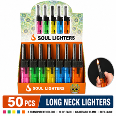Soul Lighters Long Neck Torch Lighter, transparent colours, Box of 50