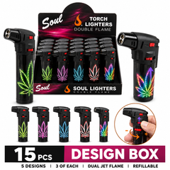 Soul Lighters Glow Leaf Double-Flame Jet Torch Lighter, Windproof Dual Flame, Box of 15