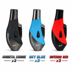 Soul Lighters Torpedo Double-Jet Torch Lighter – Sculpted Metal Teardrop Body, Slide Safety Lock, Colours: Gunmetal, Sky Blue & Red (9-Count Display)