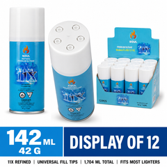 Soul 11X refined premium butane refill 142 ml can, universal fill tips, counter display of 12