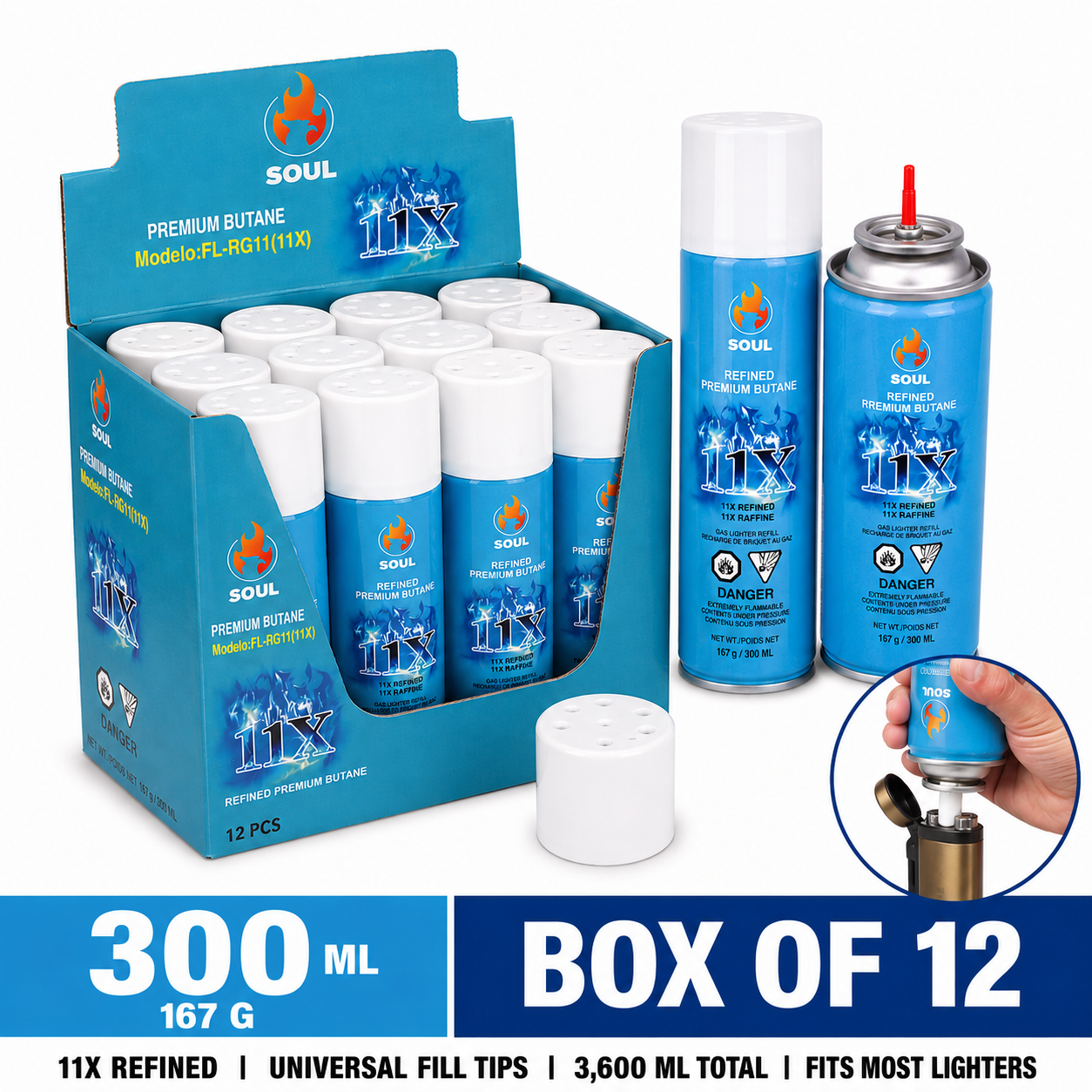 Soul FL-RG11 11X refined premium butane refill 300 ml can, universal fill tips, box of 12