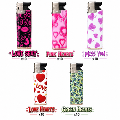 Soul Lighters Refillable Pocket Torch Lighter – Heart & Love Print, Adjustable Windproof Flame & Child-Resistant Safety Shutter (Box of 50, 5 Designs)