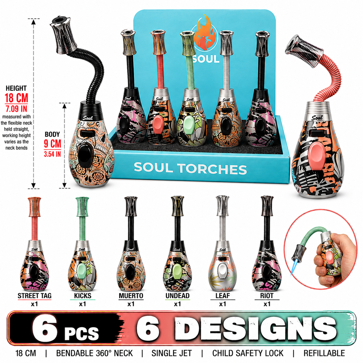 Soul Lighters Mamba flexible-neck butane torch lighter 6-count display, street-art prints, 18 cm