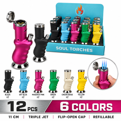 Soul Lighters Premium Kettle-Style Triple-Jet Torch Lighter – Trophy Pedestal Base, Flip-Open Safety Cap, 6 Colours (12-Count Display)