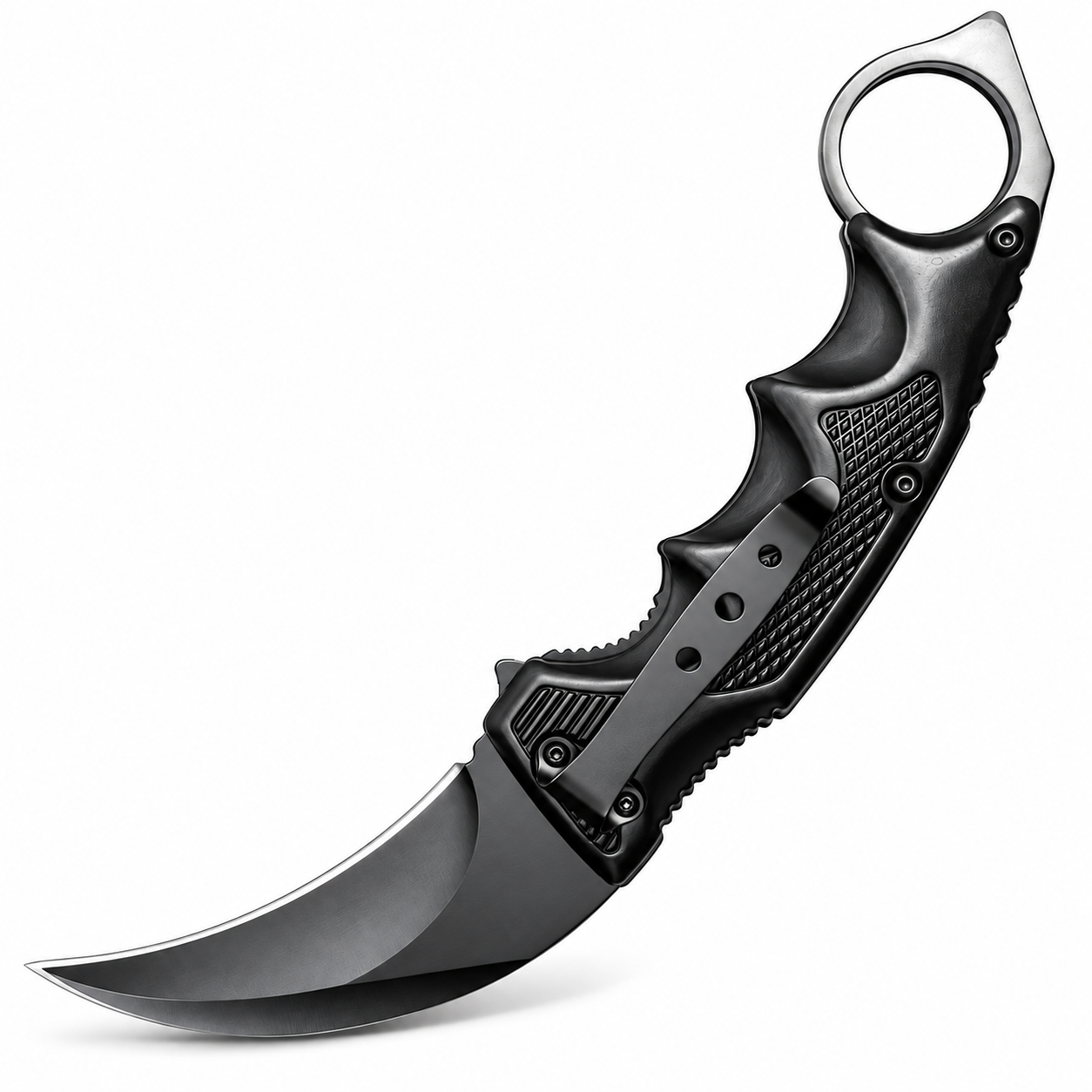Black folding karambit knife detail