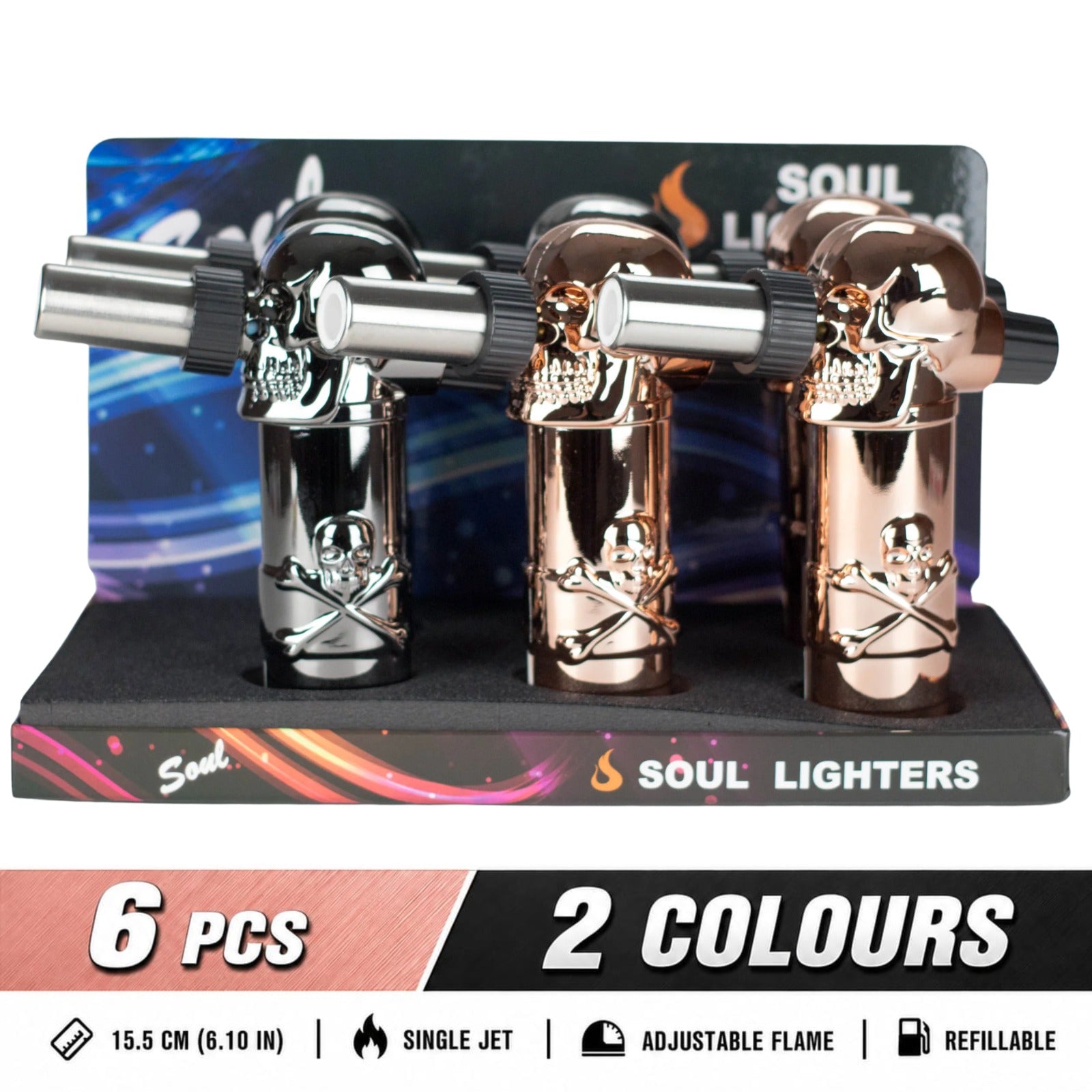 Soul Lighters Reaper Skull heavy-duty torch lighter, 3D skull head, 2 colours, 6-count