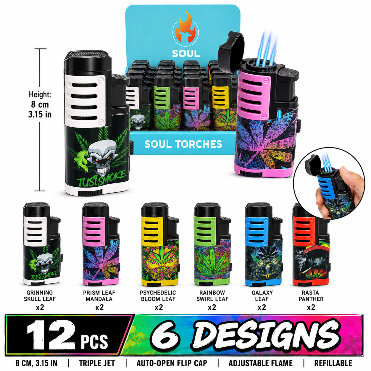 Soul Lighters Slab Triple-Jet Cigar Torch Lighter, 6 skull and leaf designs, 12-count