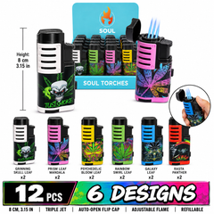 Soul Lighters Slab Triple-Jet Cigar Torch Lighter, 6 skull and leaf designs, 12-count