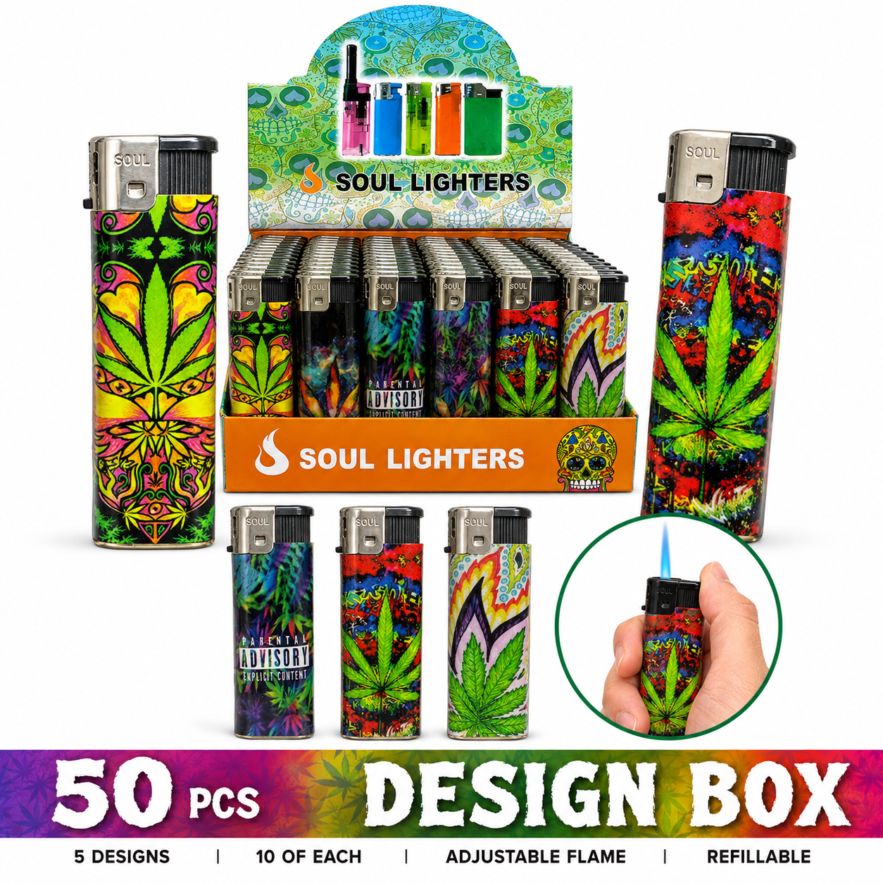 Soul Lighters Leaf Print Pocket Torch Lighter, Box of 50