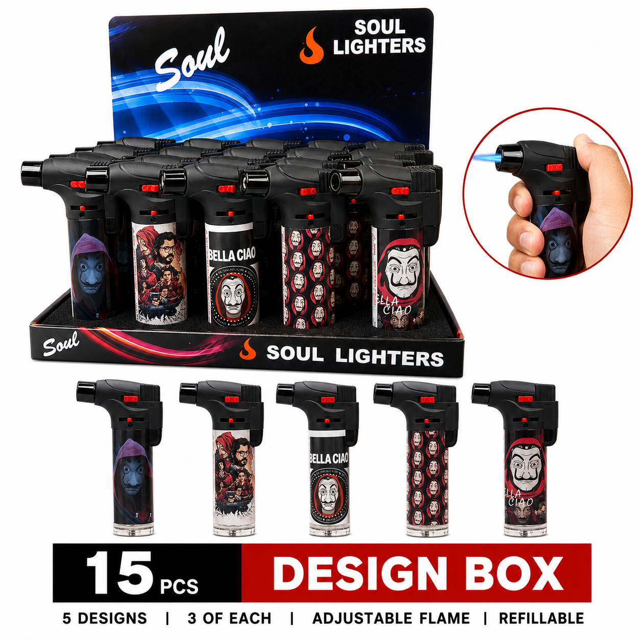 Soul Lighters Money Heist Print Refillable Jet Torch Lighter, Windproof Single Flame, Display Box of 15