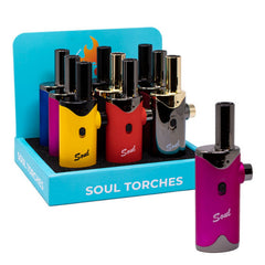 Soul Lighters Extended-Nozzle Single-Jet Torch Lighter – Tall Straight Nozzle, Push-Button Ignition, LOCK Safety, 9 Solid & Chrome Colours (9-Count Display)