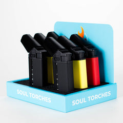 Soul Lighters Extended-Nozzle Angle Triple-Jet Torch Lighter – Long 45° Nozzle, Squeeze-Paddle Ignition, Slide Lock, Colours: Black, Red & Yellow (6-Count Display)