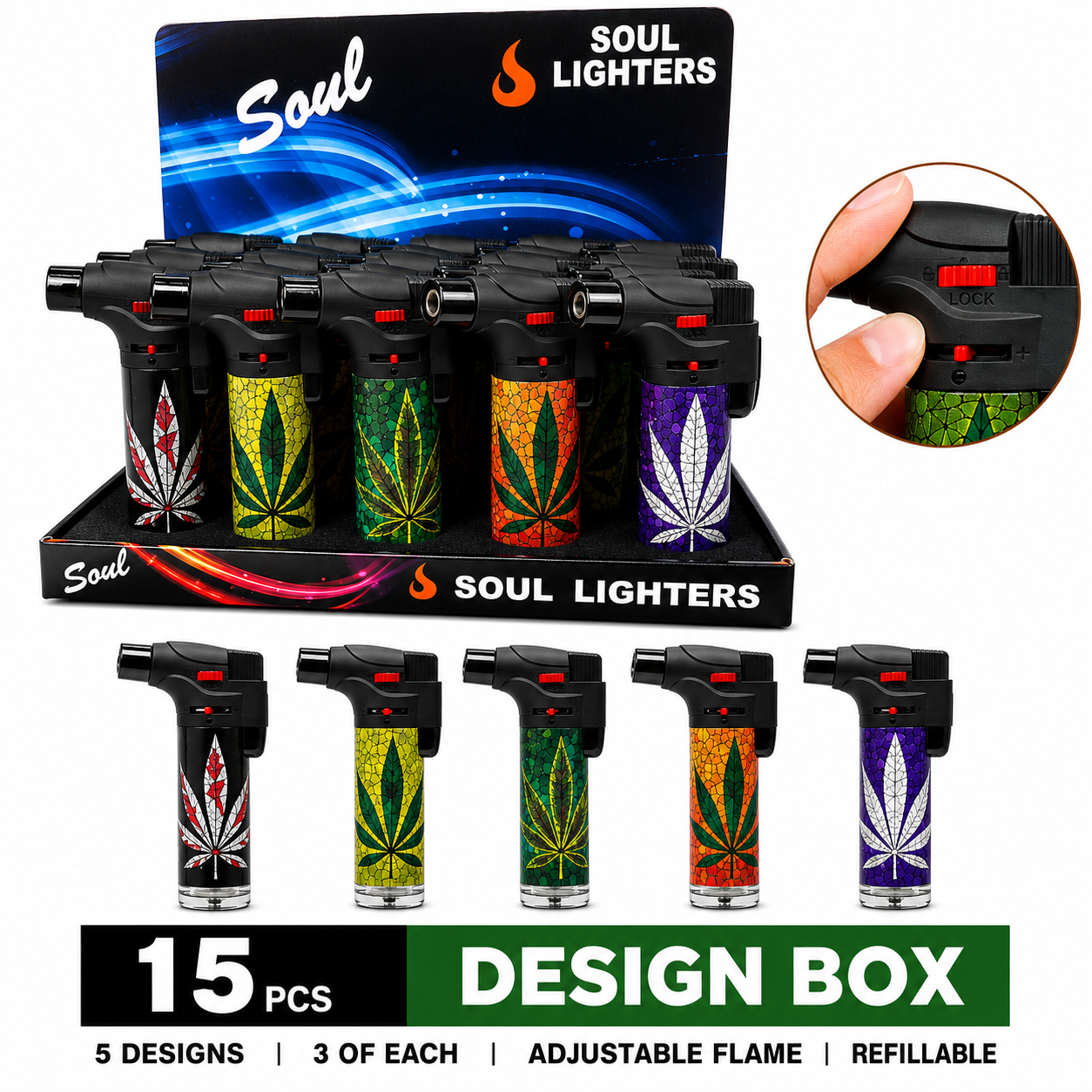 Soul Lighters Mosaic Leaf Print Refillable Jet Torch Lighter, Windproof Single Flame, Box of 15
