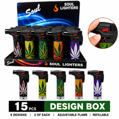 Soul Lighters Mosaic Leaf Print Refillable Jet Torch Lighter, Windproof Single Flame, Box of 15