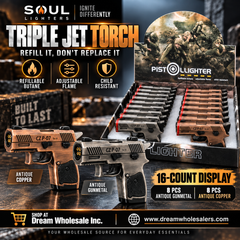 Soul Lighters Sidearm Triple-Jet Pistol Butane Torch Lighter – Antique Gunmetal & Copper, Trigger Ignition, Child-Resistant Lock, 2 Finishes (16-Count Display, 6.5 cm)