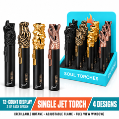 Soul Lighters Sculpted Animal-Head Pen-Style Torch Lighter – Single Jet, 3D Cast-Metal Nozzle: Eagle, Dragon, Cobra & Antique Bronze (12-Count Display, 4 Designs)