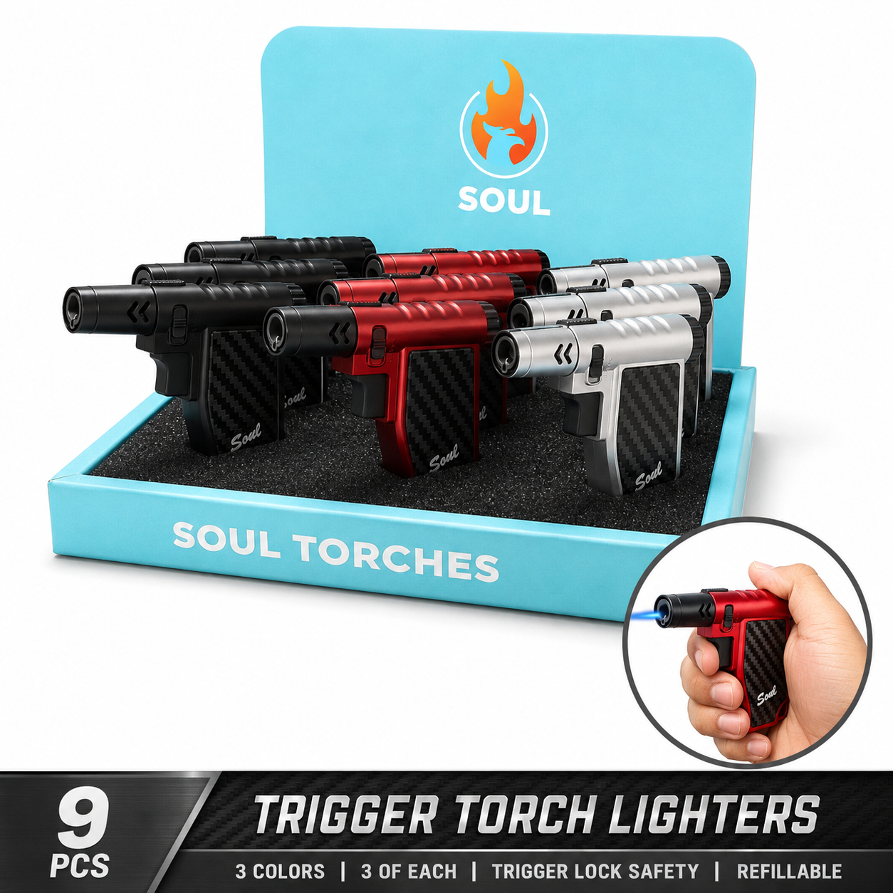 Soul Lighters Gun-Style Trigger Torch Lighter, carbon-fibre grip, 3 colours, 9-count