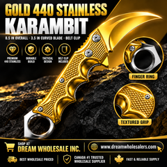 Folding Pocket Karambit 8.5" (21.6 cm) Hawkbill Knife, 3.5" (8.9 cm) 440 Stainless Steel Blade, Finger Ring, with Belt Clip, 5 Colours: Gold, Rainbow, Black, Blue, Silver
