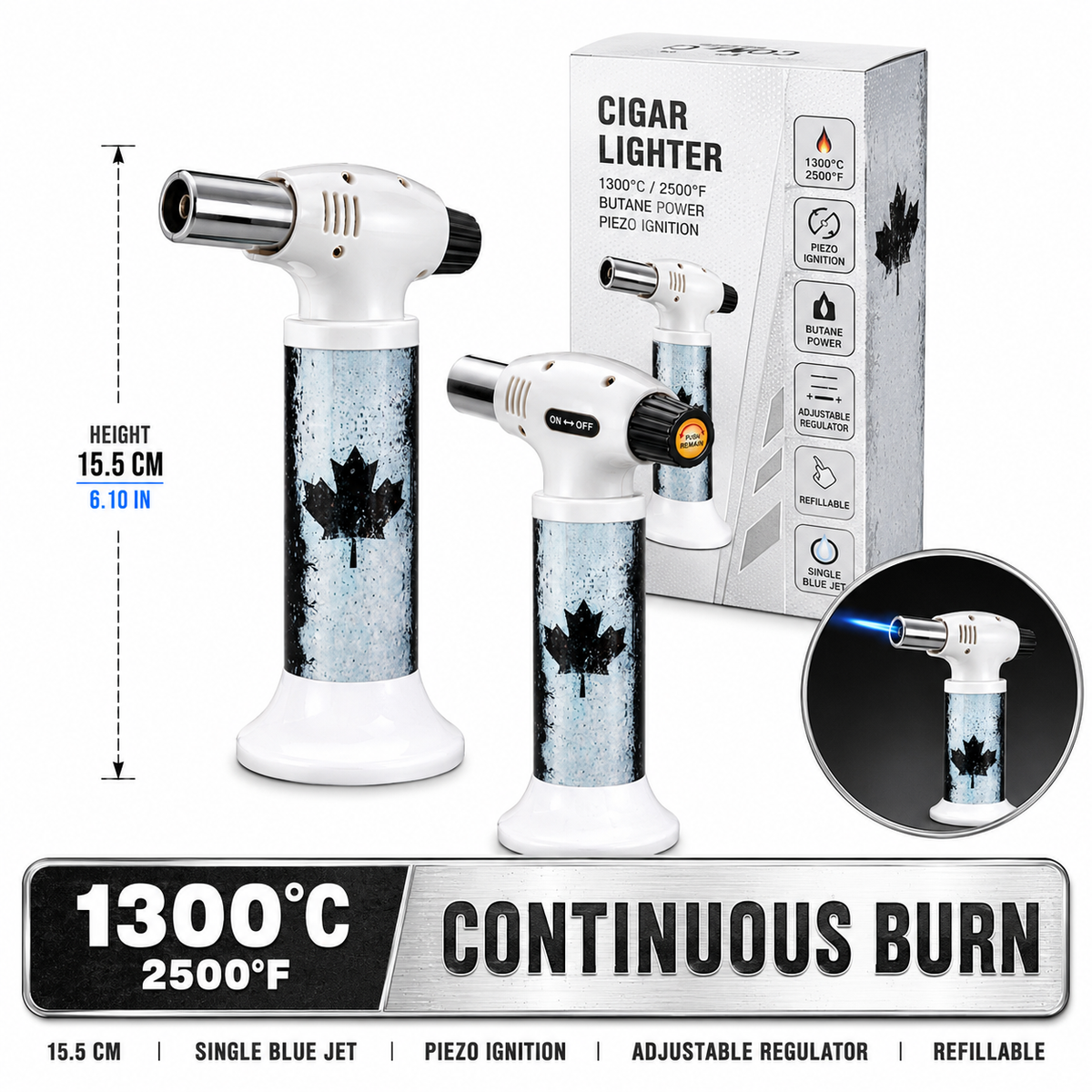 Soul Lighters Vintage Canada Flag cigar torch lighter, white housing, 1300C piezo, 15.5 cm