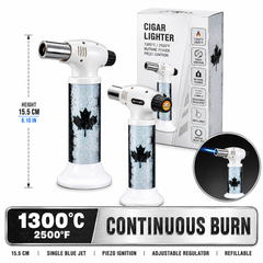 Soul Lighters Vintage Canada Flag cigar torch lighter, white housing, 1300C piezo, 15.5 cm