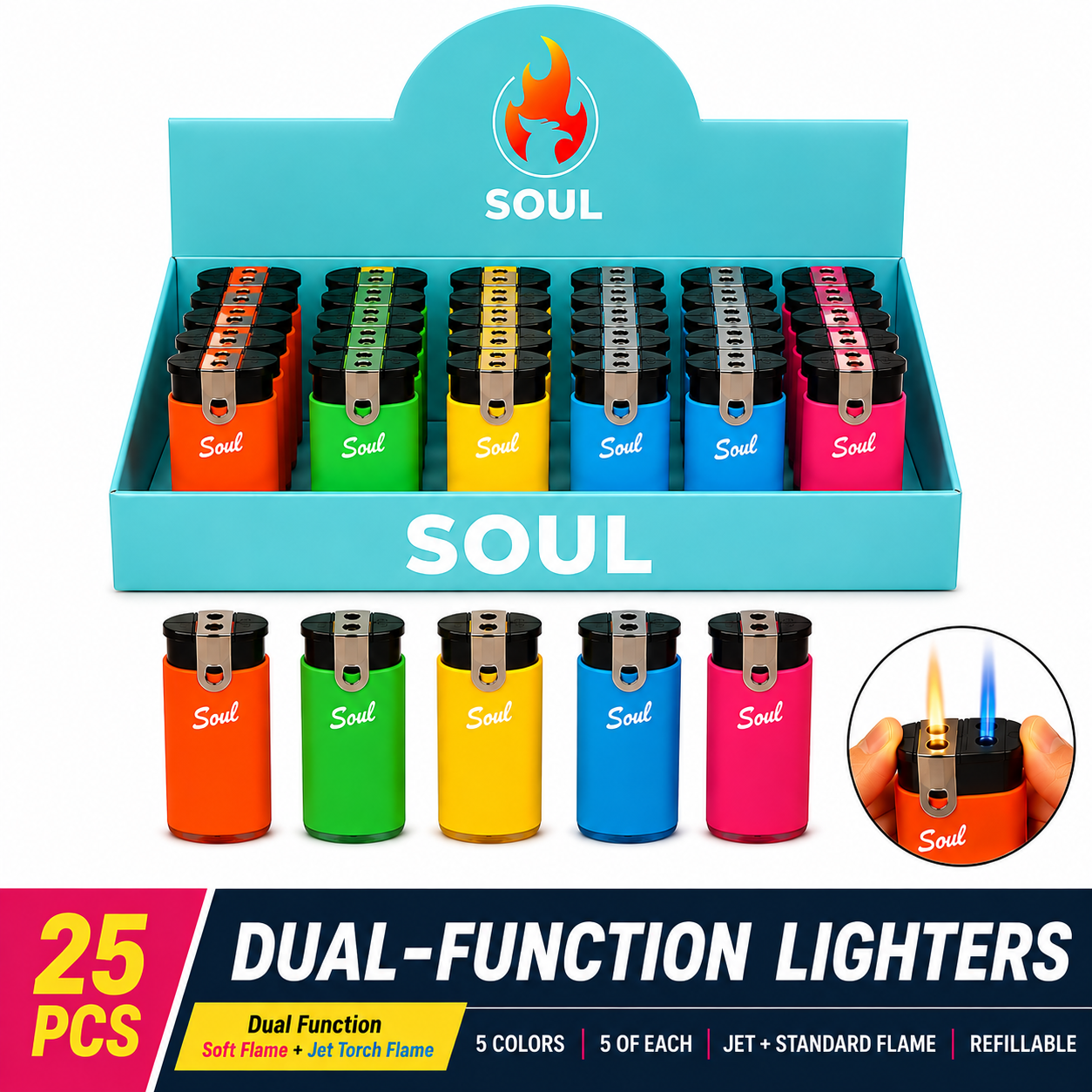 Soul Lighters Dual-Function Jet Torch plus Standard Flame Lighter, 5 colours, Pack of 25
