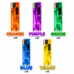 Soul Lighters Refillable Pocket Flame Lighter – Transparent Colours: Orange, Purple, Green, Blue & Yellow, Adjustable Flame (Box of 50, 5 Colours)