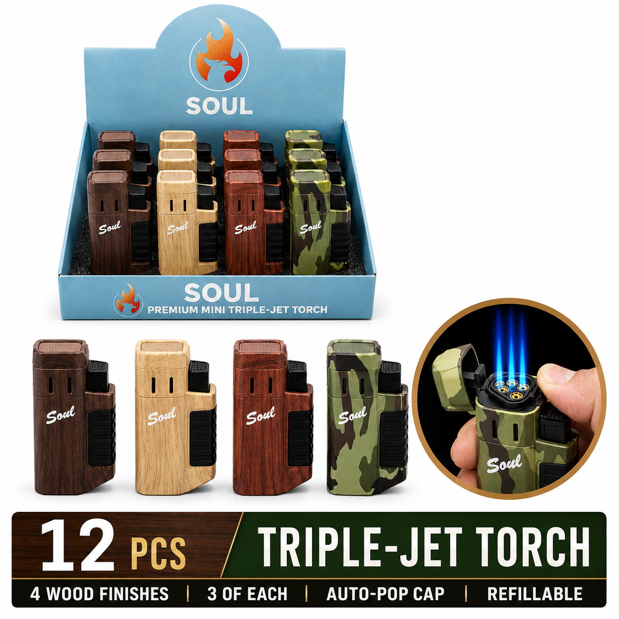 Soul Lighters Premium Wood-Grain Triple-Jet Torch Lighter, 4 finishes, Pack of 12