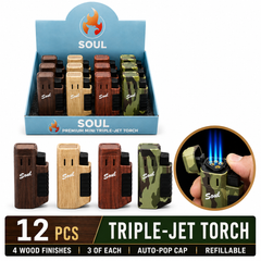 Soul Lighters Premium Wood-Grain Triple-Jet Torch Lighter, 4 finishes, Pack of 12