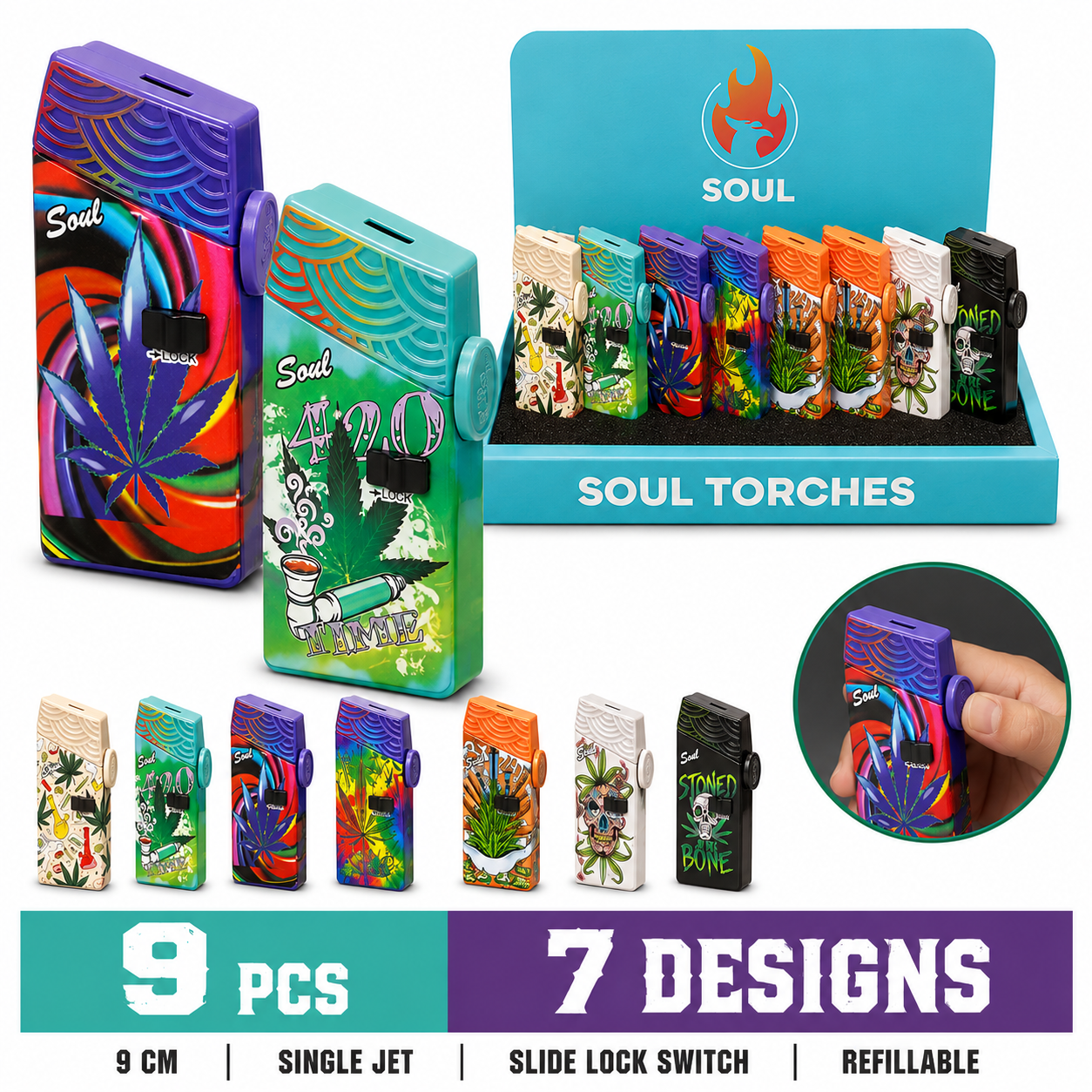 Soul Lighters Compact Push-Button Tombstone Torch Lighter, 7 designs, 9-count display
