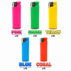 Soul Lighters Refillable Pocket Flame Lighter – Solid Neon Colours: Pink, Green, Yellow, Blue & Coral, Adjustable Flame (Box of 50, 5 Colours)