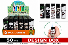 Soul Lighters Refillable Pocket Torch Lighter – Villain & Horror Faces Print, Adjustable Windproof Flame & Safety Shutter (Box of 50, 5 Designs)