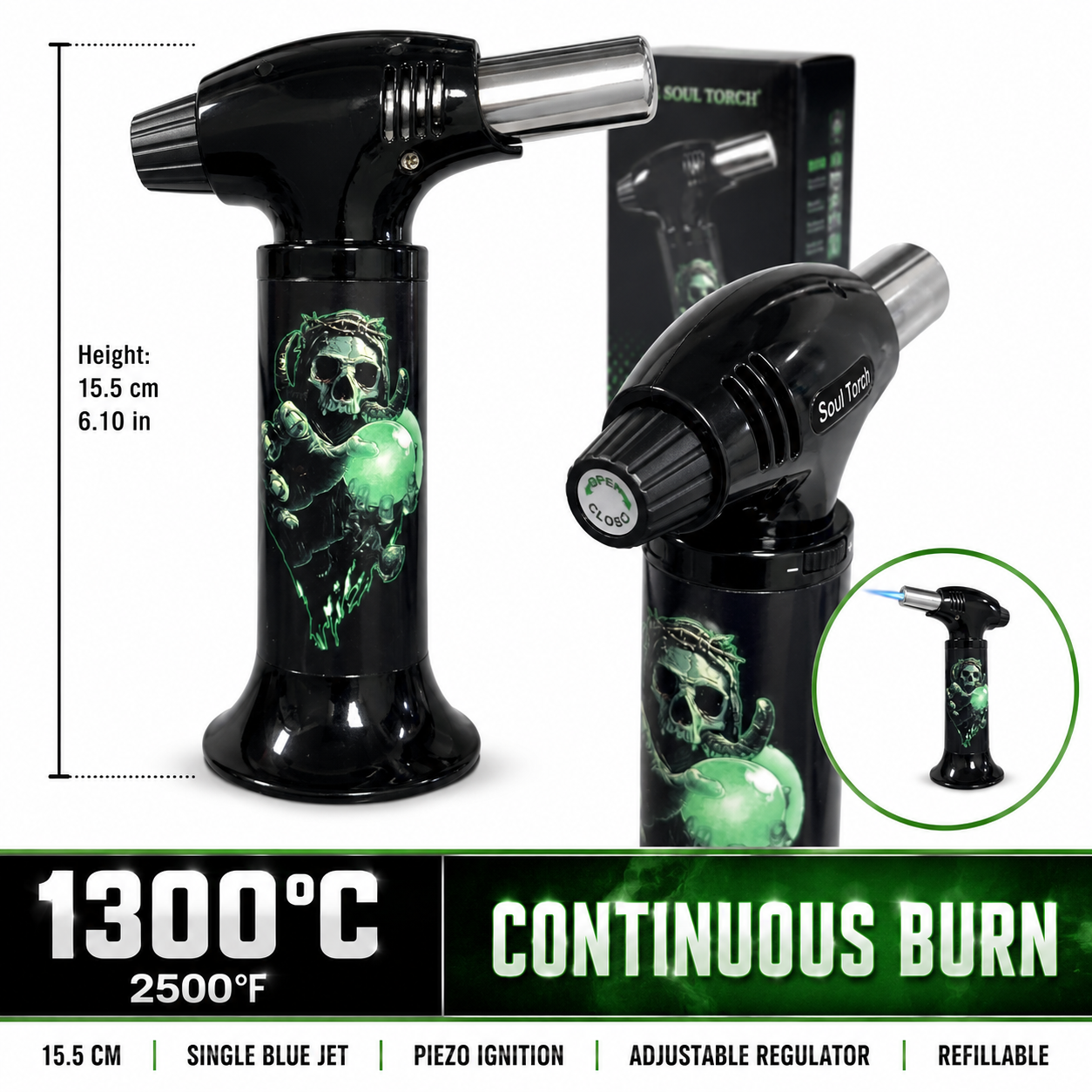 Soul Lighters Green Reaper cigar torch lighter, black housing, 1300C piezo, 15.5 cm