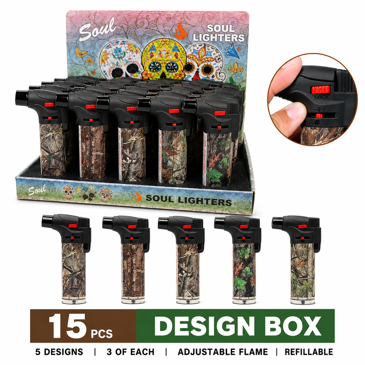 Soul Lighters Woodland Camo Refillable Jet Torch Lighter, Windproof Single Flame, Display Box of 15