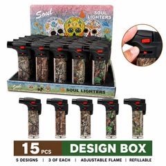 Soul Lighters Woodland Camo Refillable Jet Torch Lighter, Windproof Single Flame, Display Box of 15