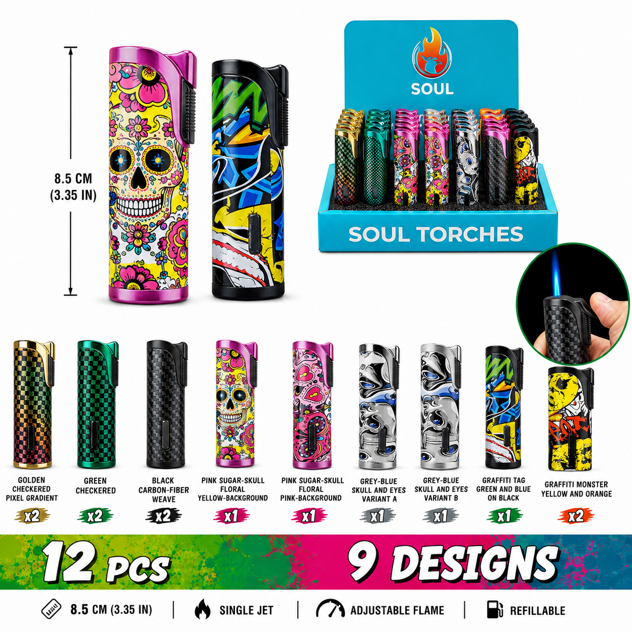 Soul Lighters Single-Jet Street-Art Torch Lighter, 9 designs, 12-count display