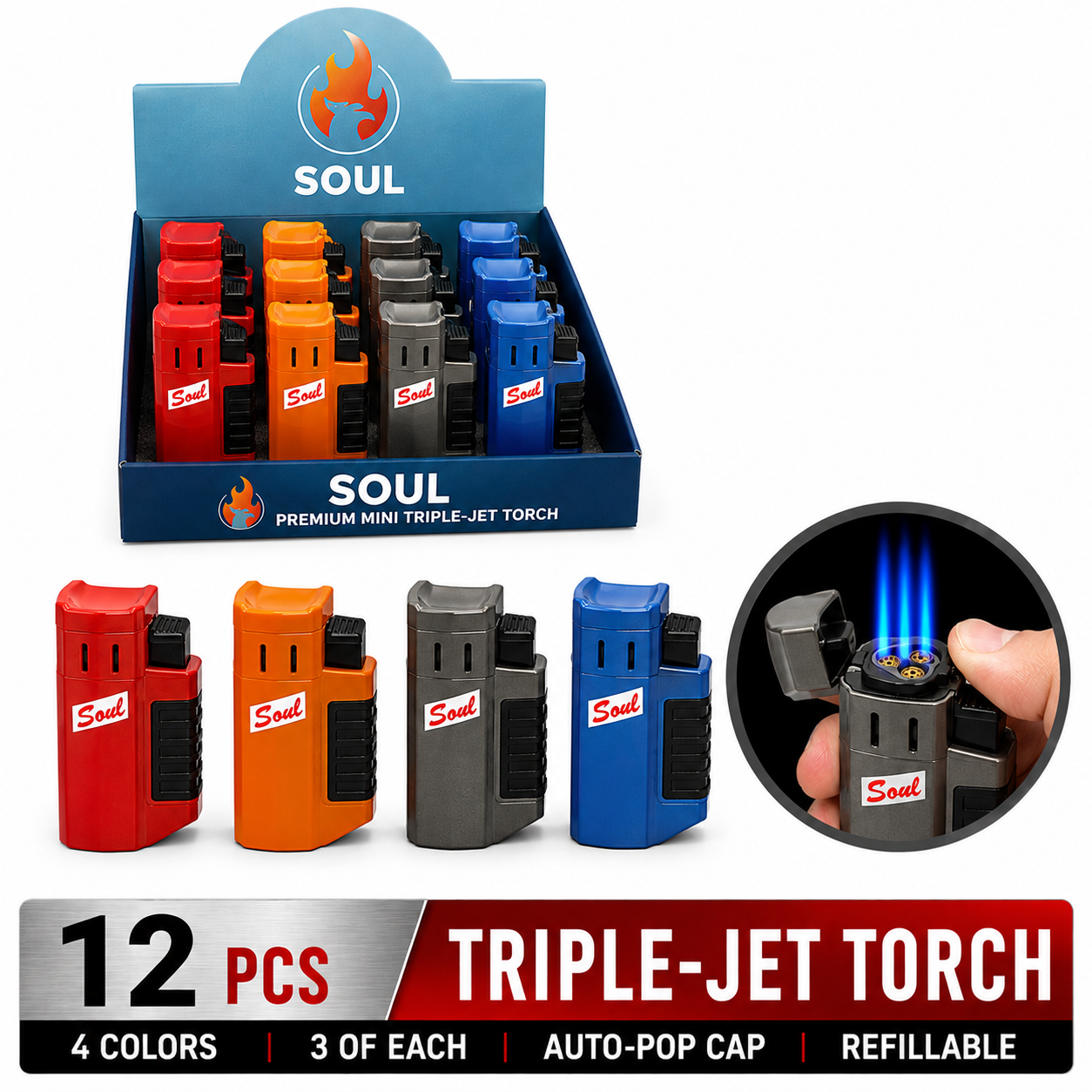 Soul Lighters Premium Triple-Jet Torch Lighter, 4 solid colours, Pack of 12