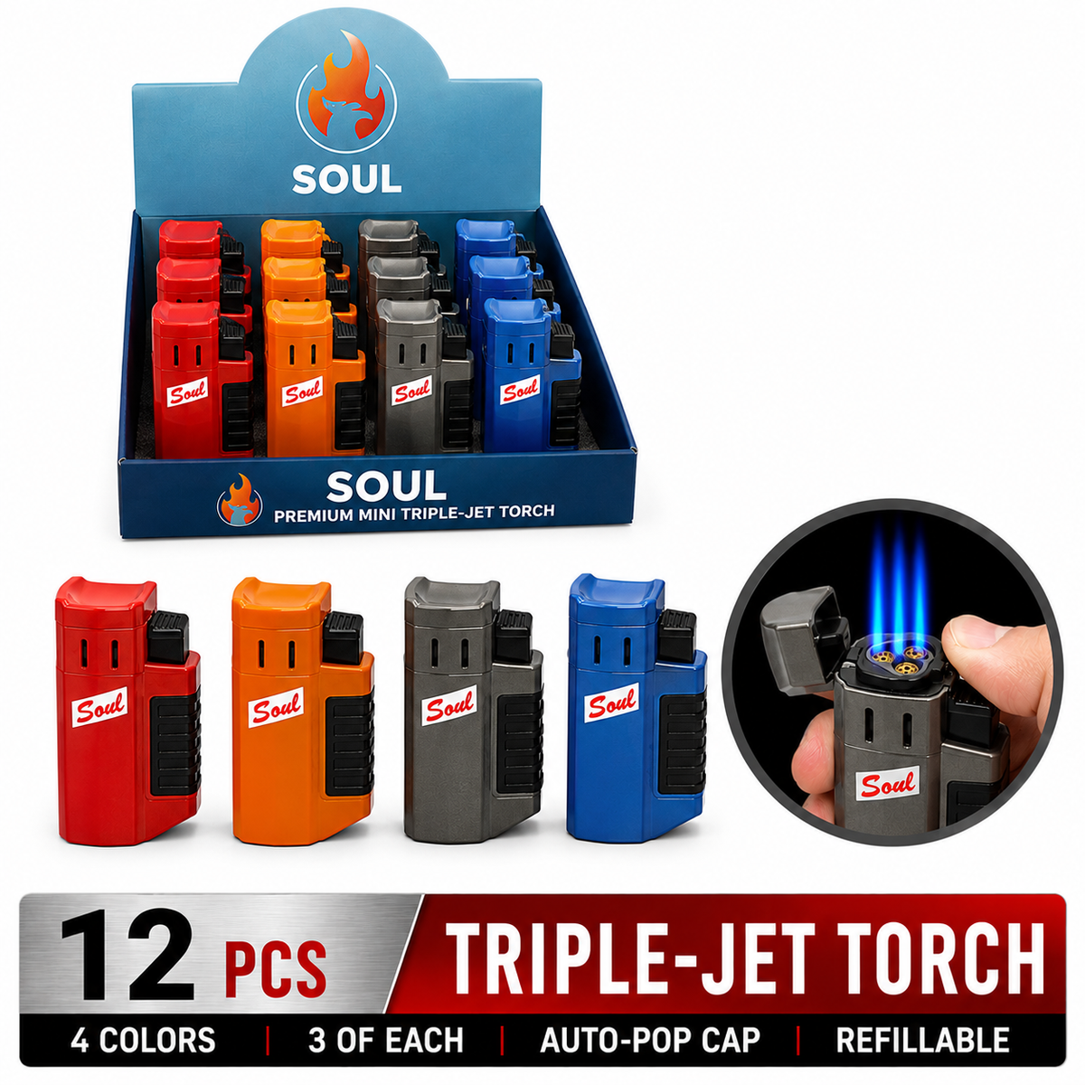 Soul Lighters Premium Triple-Jet Torch Lighter, 4 solid colours, Pack of 12