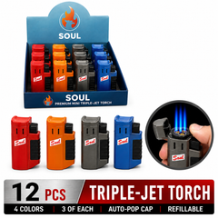 Soul Lighters Premium Triple-Jet Torch Lighter, 4 solid colours, Pack of 12