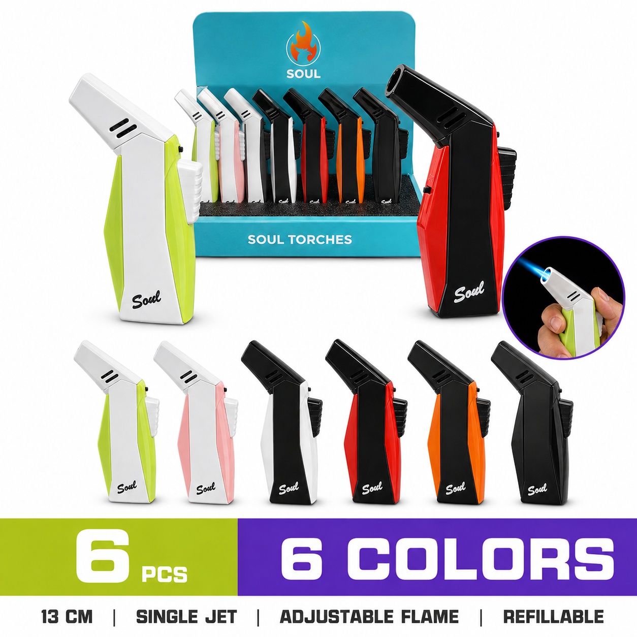 Soul Lighters Gun-Style Angled Single-Jet Torch Lighter, 6 two-tone colours, 6-count
