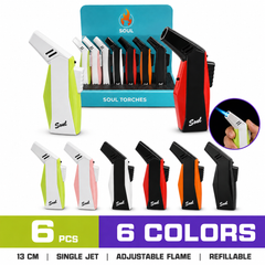 Soul Lighters Gun-Style Angled Single-Jet Torch Lighter, 6 two-tone colours, 6-count