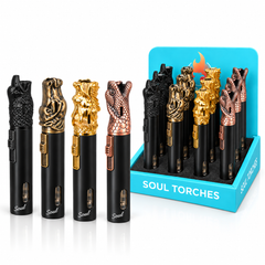 Soul Lighters Sculpted Animal-Head Pen-Style Torch Lighter – Single Jet, 3D Cast-Metal Nozzle: Eagle, Dragon, Cobra & Antique Bronze (12-Count Display, 4 Designs)
